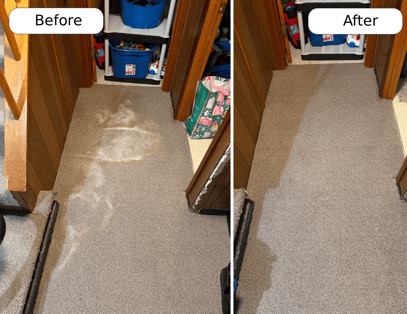 Before and after carpet cleaning in Chippawa, Niagara Falls by Cleanson — set-in stains lifted in one hour.
