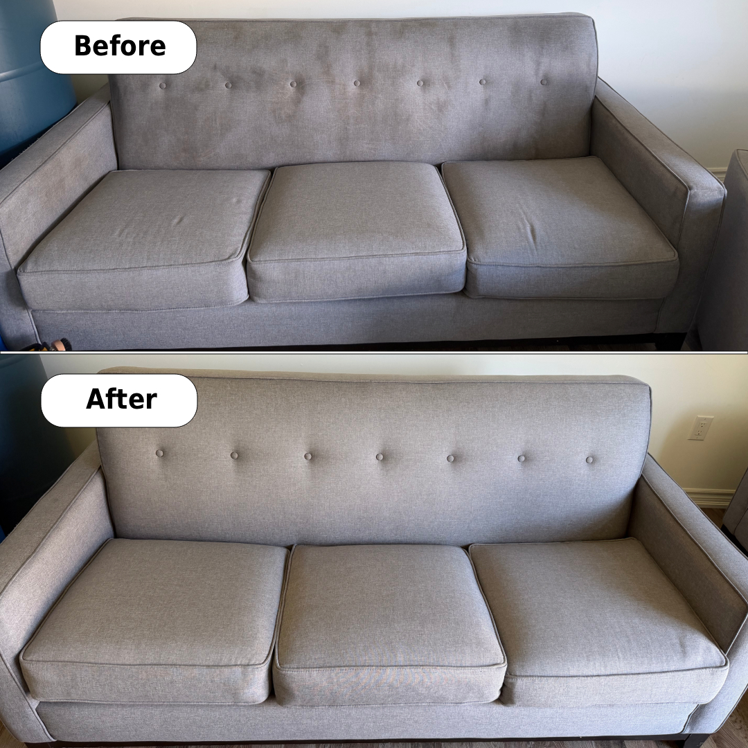 Before and after sofa upholstery cleaning in Fort Erie by Cleanson — stains and soiling removed in two hours.