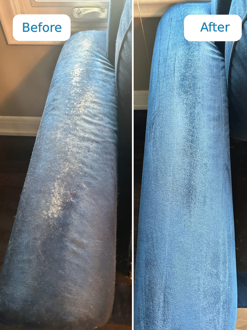 Before and after sofa upholstery cleaning in St. Catharines by Cleanson — stains removed in one hour.
